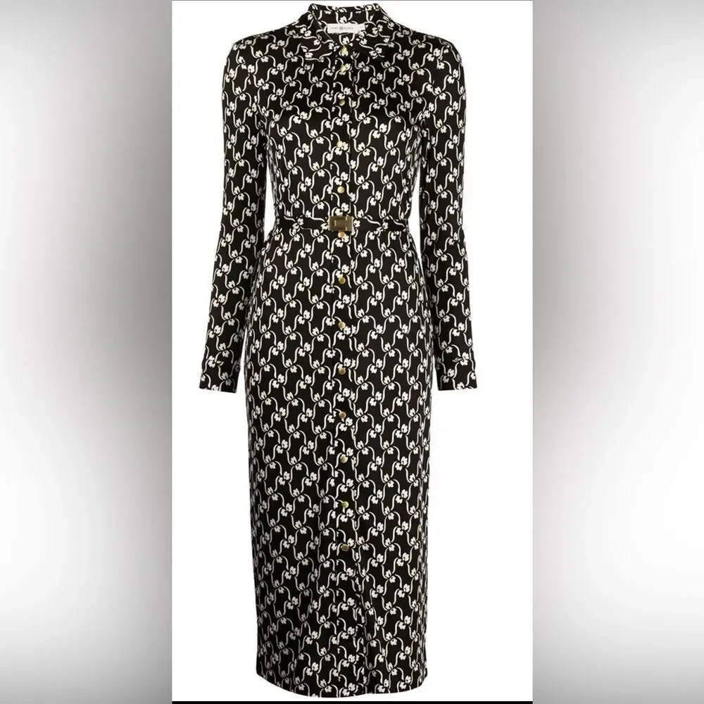 Tory Burch Black and White Long Sleeve Ilk polo midi Dress, XS